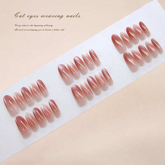 Enchanting Elegance Long Almond Shaped Soft Pink Gradient Press On Nail Set with Stunning Cat Eye Effect