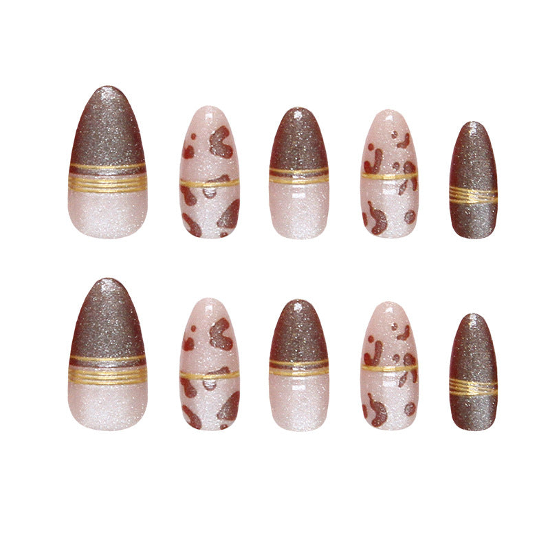 Glamorous Safari Inspired Long Almond Shaped Brown and Pink Glitter Press On Nail Set with Chic Gold Accents