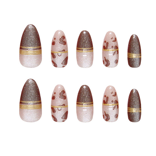Glamorous Safari Inspired Long Almond Shaped Brown and Pink Glitter Press On Nail Set with Chic Gold Accents