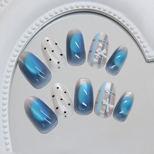 Ocean Breeze Medium Oval Ombre Blue and White Nail Set with Unique Decorative Accents
