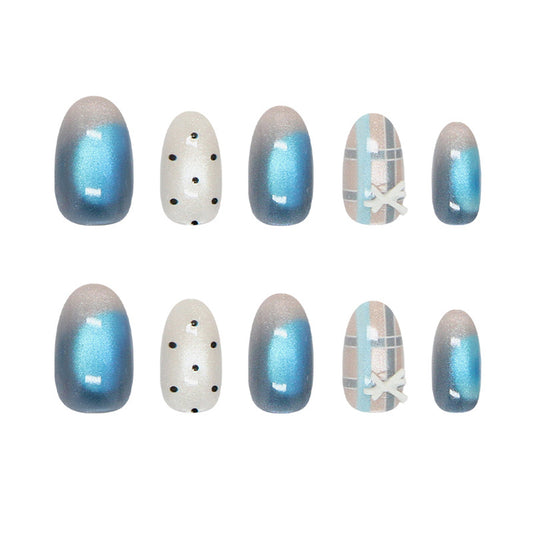 Ocean Breeze Dreamy Medium Oval Blue Press On Nail Set with Glamorous Texture and Chic Patterns