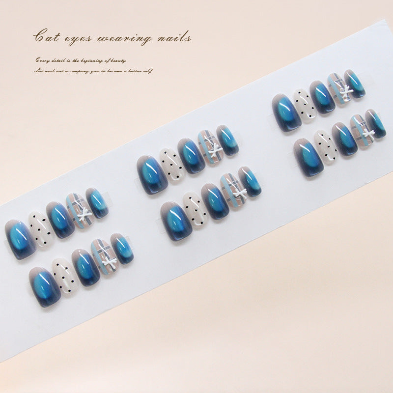 Enchanting Ocean Vibes Medium Oval Cat Eye Shape Blue Ombre with Unique White Accent Design Press On Nail Set