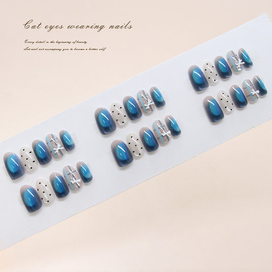 Enchanting Ocean Vibes Medium Oval Cat Eye Shape Blue Ombre with Unique White Accent Design Press On Nail Set