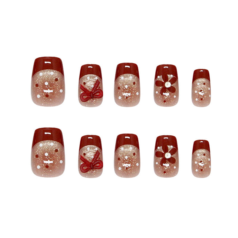 Festive Wonderland Medium Square Red Glittery Press-On Nail Set with Cute Gingerbread Designs