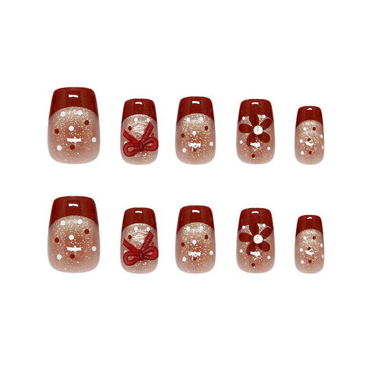 Festive Wonderland Medium Square Red Glittery Press-On Nail Set with Cute Gingerbread Designs