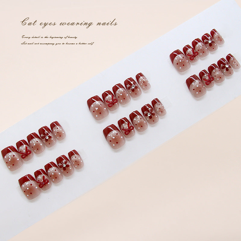 Enchanting Charm Medium Square Burgundy Press on Nail Set with Dazzling Bow Accents