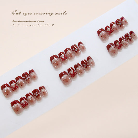 Enchanting Charm Medium Square Burgundy Press on Nail Set with Dazzling Bow Accents