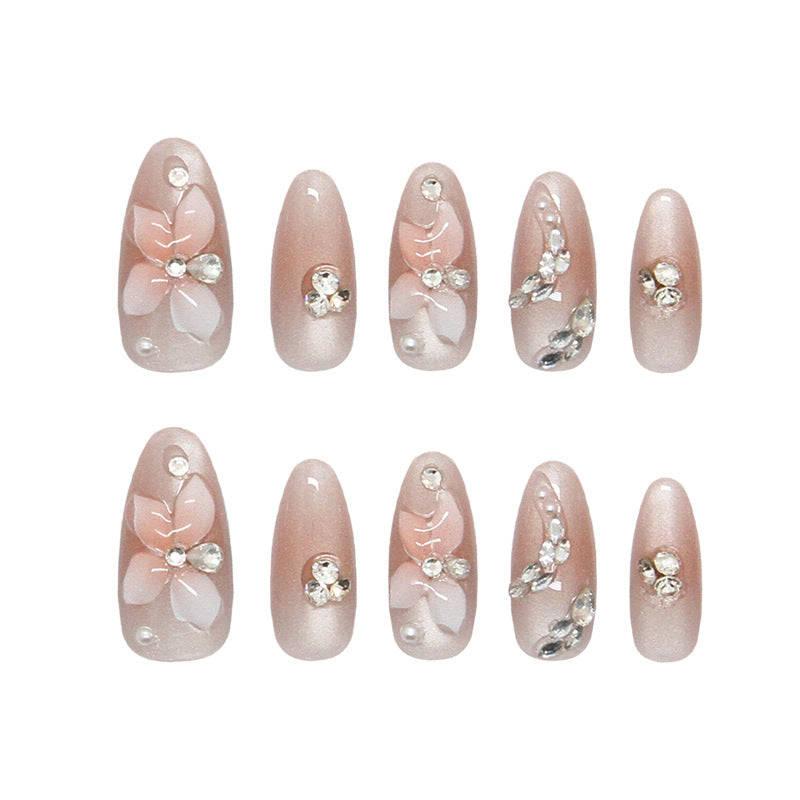 Blossom Elegance Long Oval Pink Press-On Nail Set with Floral Accents and Sparkling Gems