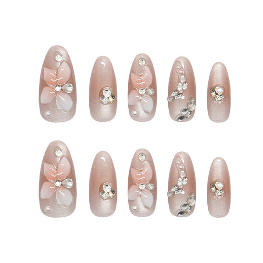 Blossom Elegance Long Oval Pink Press-On Nail Set with Floral Accents and Sparkling Gems