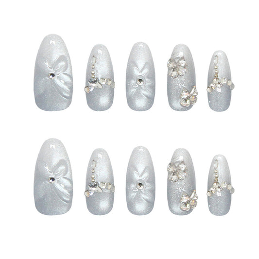 Elegant Silver Dreams Press On Nail Set Glossy Long Almond Shape Embellished with Rhinestones