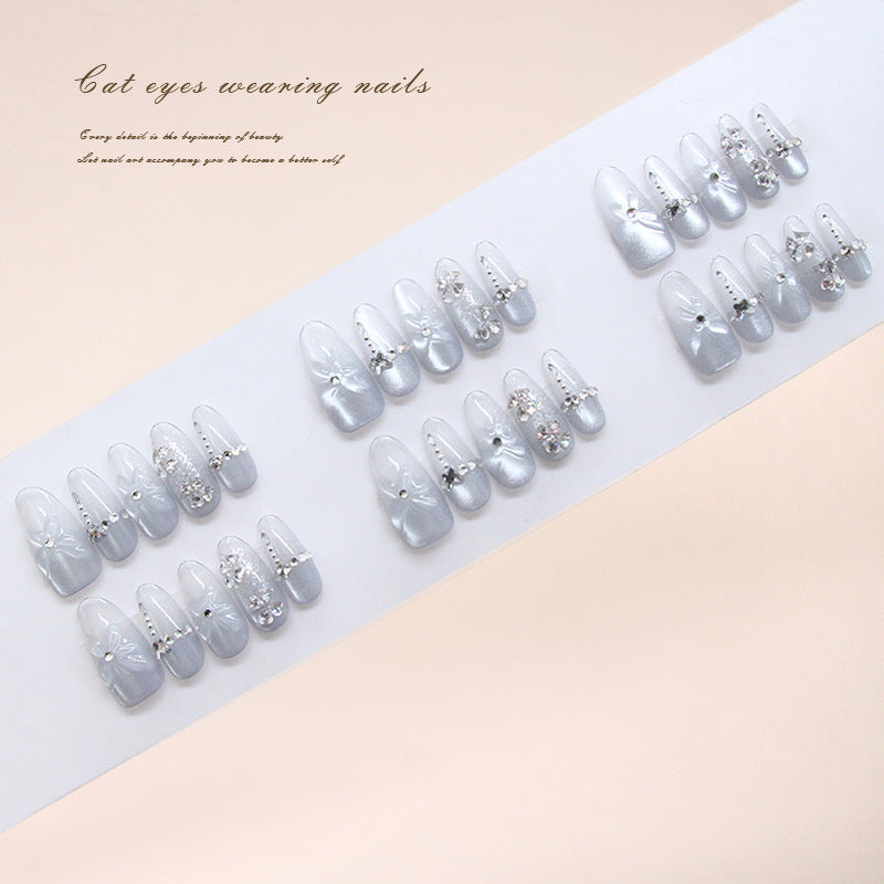 Whimsical Elegance Long Almond Silver Press On Nail Set with Stunning Rhinestone Accents