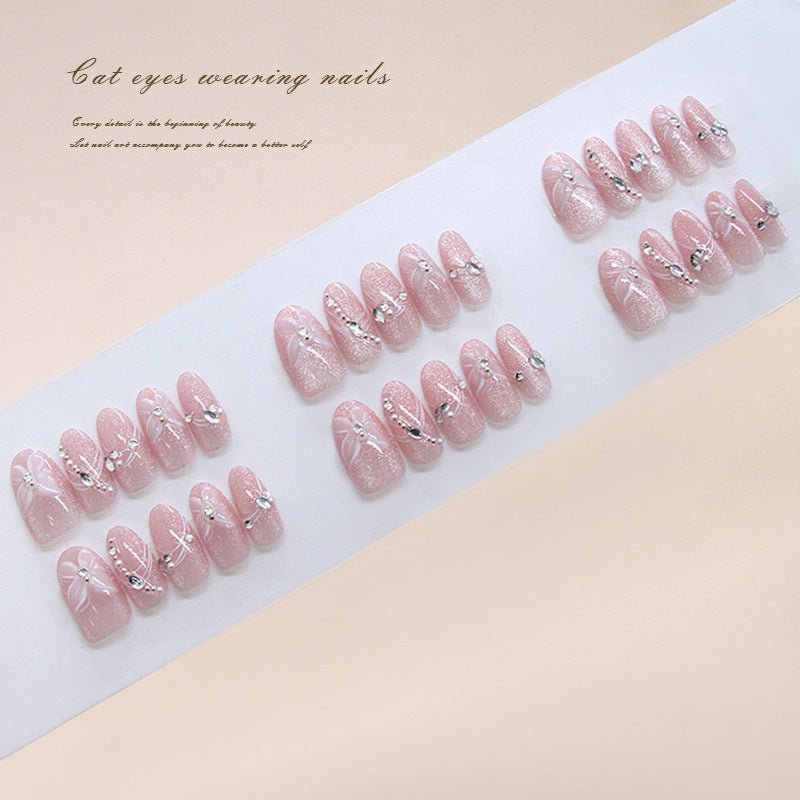 Enchanting Elegance Long Oval Shaped Soft Pink with Sparkling Delicate Embellishments Press-On Nail Set