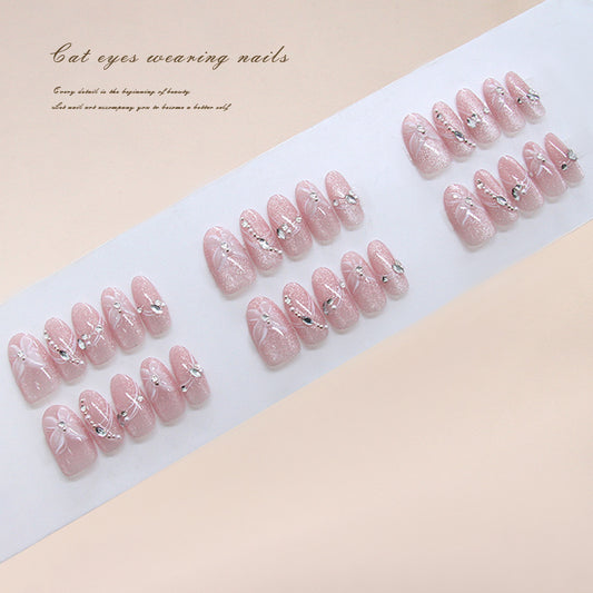 Enchanting Elegance Long Oval Shaped Soft Pink with Sparkling Delicate Embellishments Press-On Nail Set