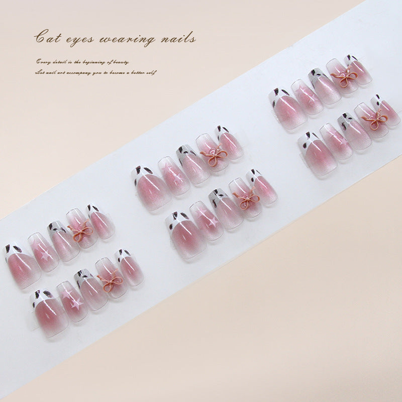 Charming Cat Eyes Short Medium Coffin Pink Gradient Press On Nail Set with Adorable Bow Decor