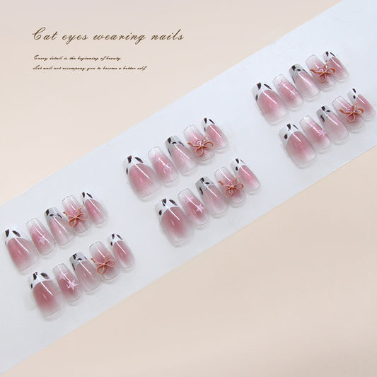 Charming Cat Eyes Short Medium Coffin Pink Gradient Press On Nail Set with Adorable Bow Decor