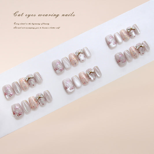 Enchanting Elegance Short Square Blush Pink Shimmering Floral Accent Press On Nail Set