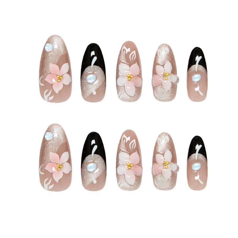 Blossom Elegance Long Almond Pink and Black Press On Nail Set with Floral Art Detailing