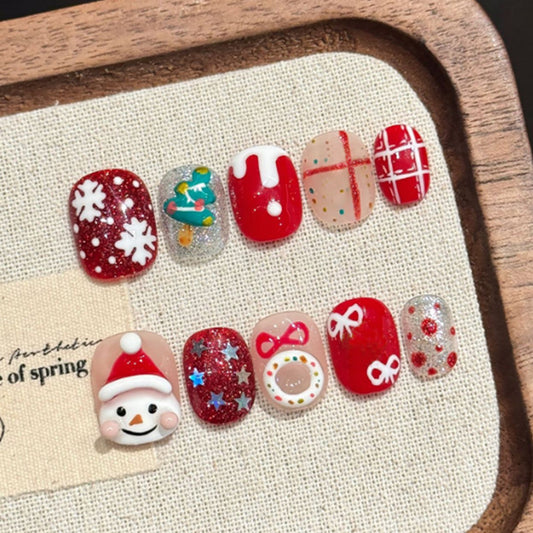 Festive Winter Wonderland Short Square Red Glittery Nail Set with Holiday Themed Designs
