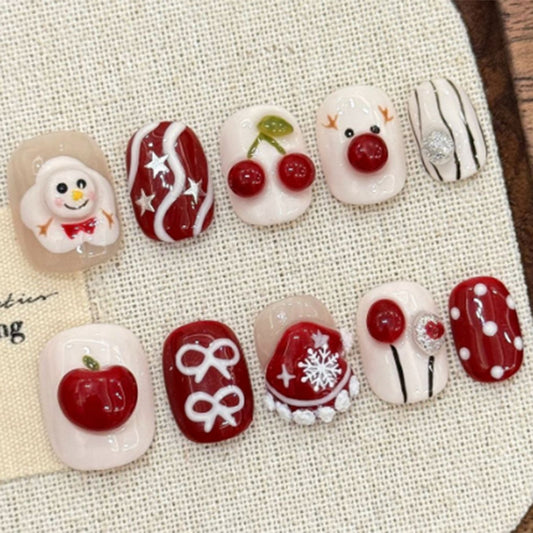 Festive Winter Wonderland Short Square Red and Cream Press On Nail Set Featuring Charming Holiday Designs