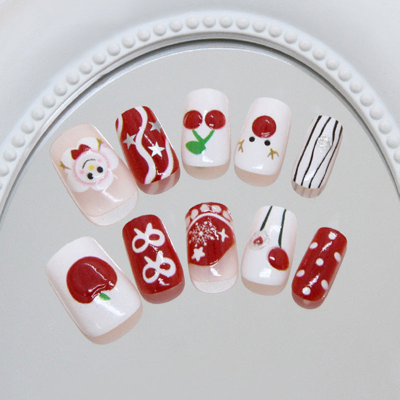 Cherry Blossom Delight Glossy Short Square Red Nail Set with Whimsical Fruit Designs