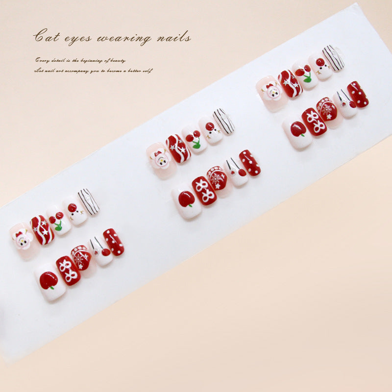Charming Cherry Bliss Short Square Red Nail Set with Whimsical Designs