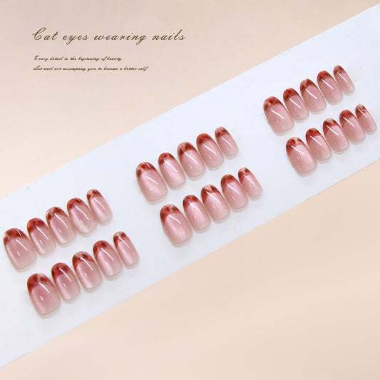 Enchanted Rose Cat Eye Press On Nail Set Long Oval Soft Pink Iridescent Finish