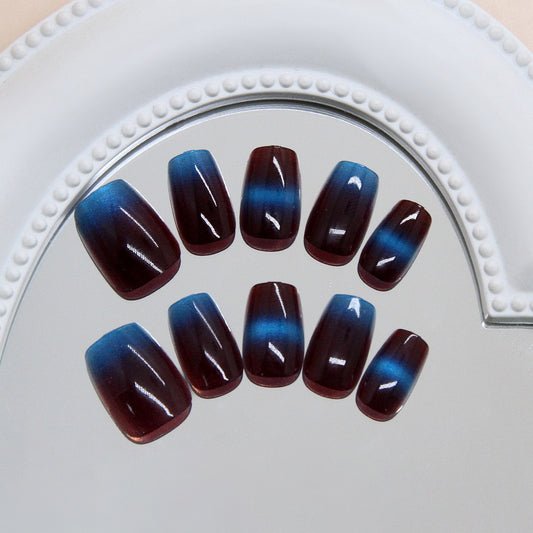 Enchanting Twilight Gradient Press On Nail Set in Medium Square Length Deep Burgundy and Ocean Blue with Stunning Ombre Finish