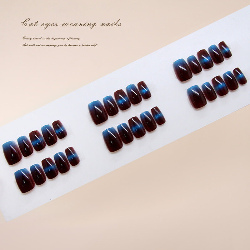 Mystical Charm Medium Square Gradient Blue to Dark Red Cat Eye Effect Press On Nail Set