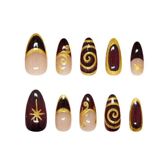 Celestial Elegance Long Almond Burgundy Nails with Stunning Gold Swirls and Stars
