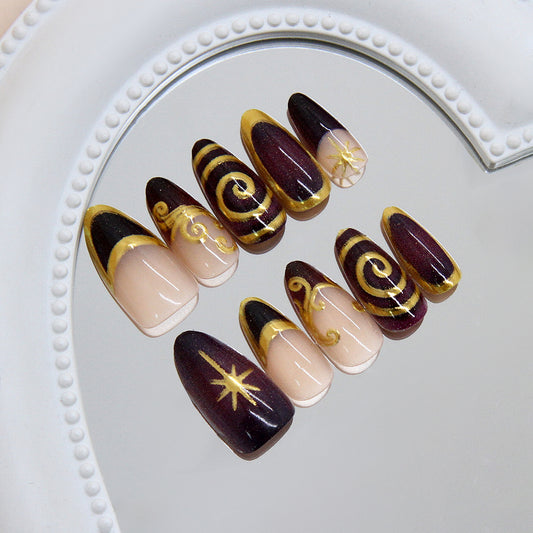 Cosmic Glamour Long Almond Burgundy and Beige Gradient with Gold Swirl Design Press On Nail Set