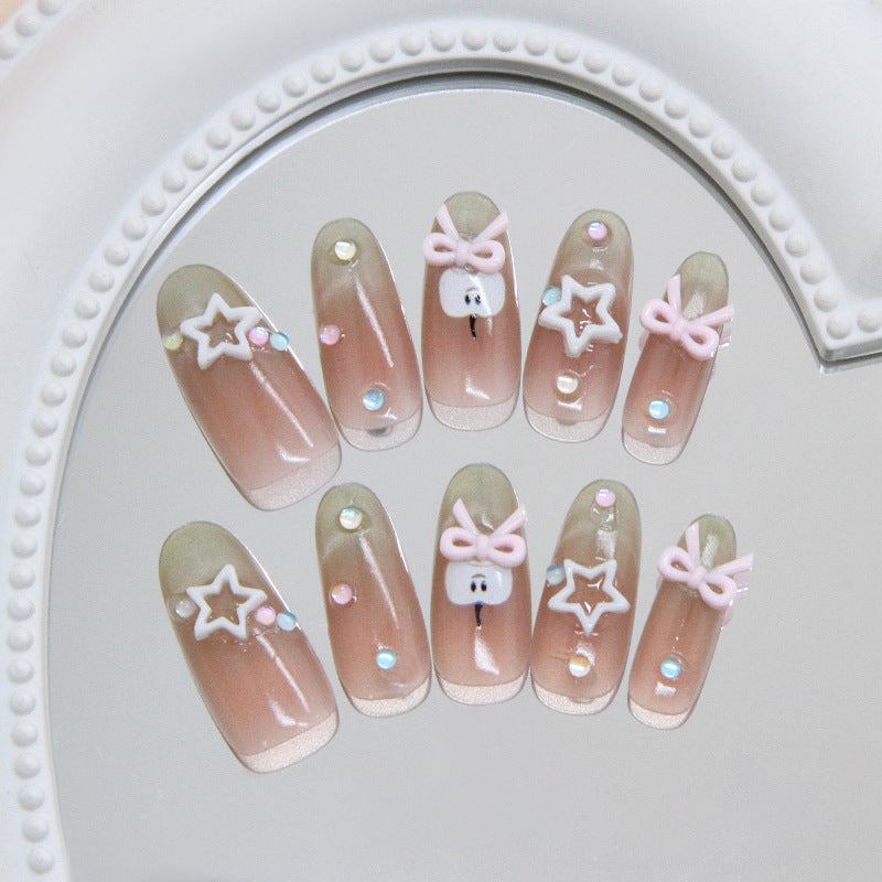 Whimsical Charm Long Almond Pink and Clear Press on Nail Set with Cute Bow and Star Decorations