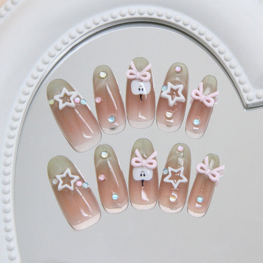 Whimsical Charm Long Almond Pink and Clear Press on Nail Set with Cute Bow and Star Decorations