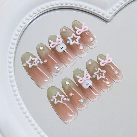 Cute Dreamland Press On Nail Set Long Oval Soft Pink with Charming Star and Bow Accents
