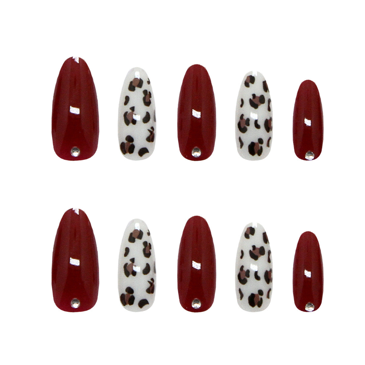 Wild Leopard Delight Long Almond Red and White Press-On Nail Set with Stunning Gem Accent