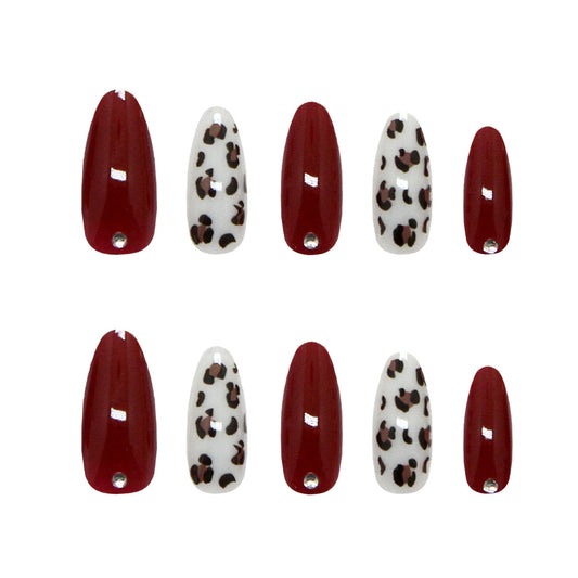 Wild Leopard Delight Long Almond Red and White Press-On Nail Set with Stunning Gem Accent