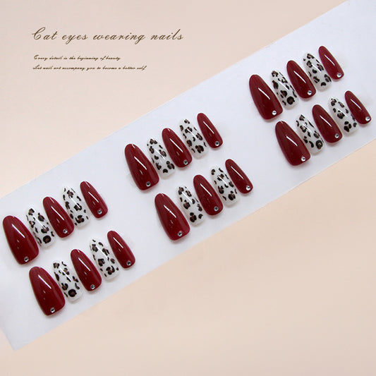 Chic Cat Eye Design Long Almond Red and White Press on Nail Set with Unique Leopard Print Accents