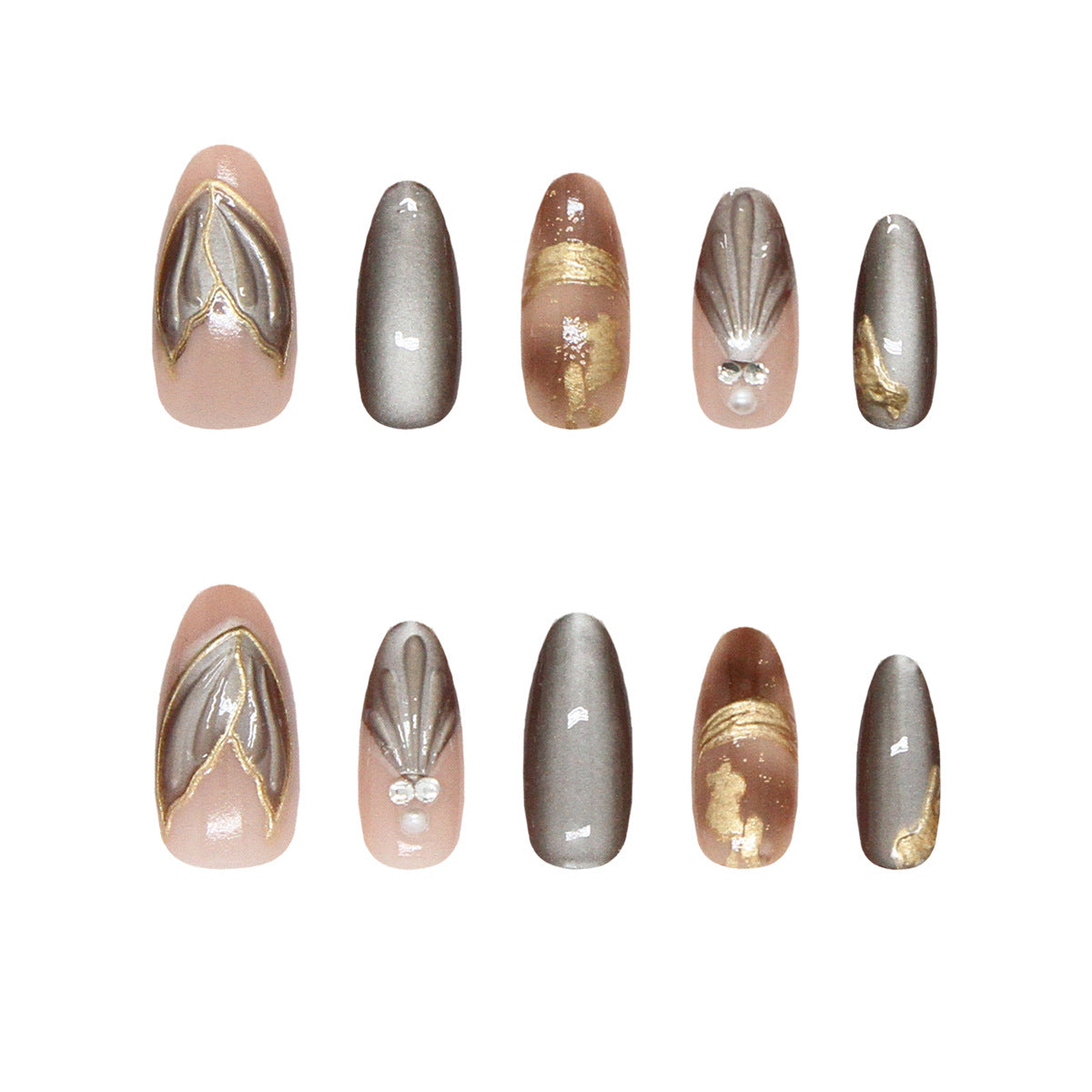 Elegance in Bloom Long Almond Beige and Gray Press On Nail Set with Gold Leaf Detail