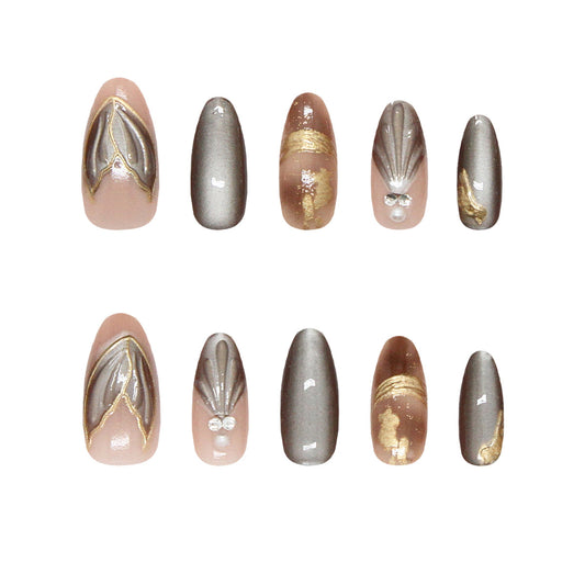 Elegance in Bloom Long Almond Beige and Gray Press On Nail Set with Gold Leaf Detail
