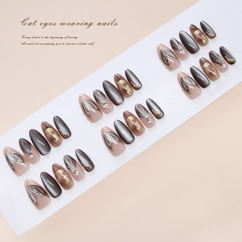 Enchanted Elegance Long Almond Shape Chocolate and Pink Nails with Shimmering Artistry