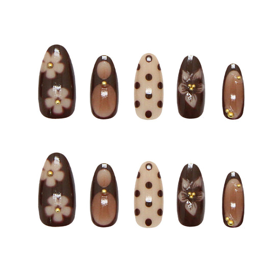 Bohemian Elegance Long Almond Brown with Floral Accents and Golden Studs Press on Nail Set