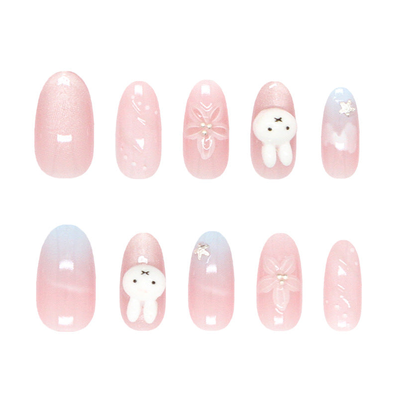 Whimsical Charm Long Oval Pink Press On Nail Set with Adorable Bunny and Floral Accents