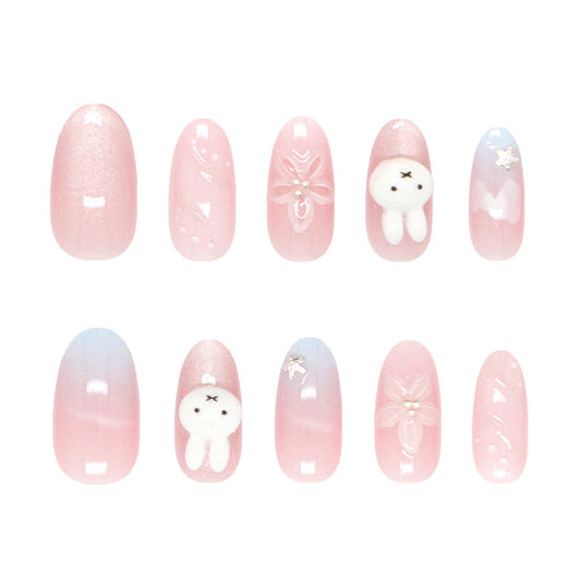 Whimsical Charm Long Oval Pink Press On Nail Set with Adorable Bunny and Floral Accents