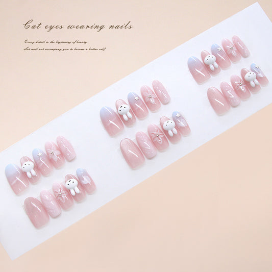 Whimsical Dream Press on Nails Long Oval Soft Pink with Adorable Bunny Accents