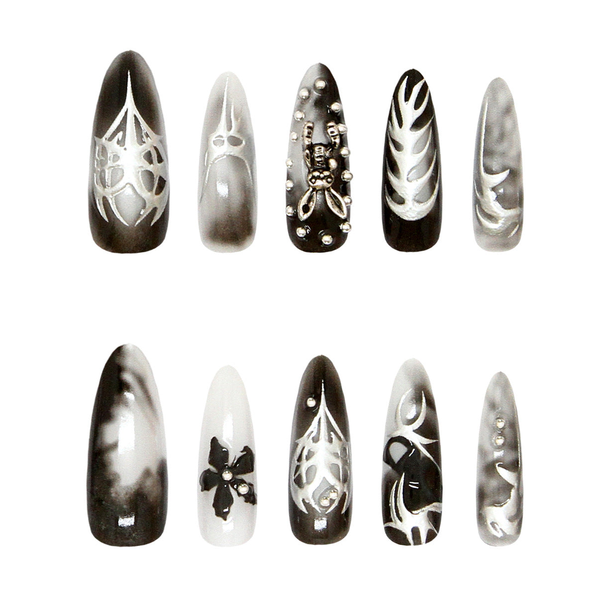 Spooky Elegance Long Stiletto Black and White Press-On Nail Set with Intricate Gothic Designs