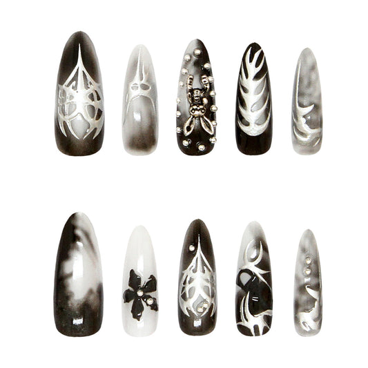 Spooky Elegance Long Stiletto Black and White Press-On Nail Set with Intricate Gothic Designs