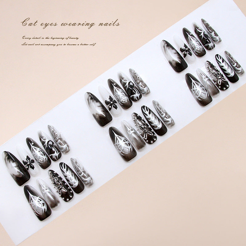 Mystical Elegance Glossy Long Stiletto Black and Silver Cat Eye Nail Set with Intricate Designs