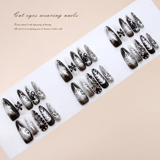 Mystical Elegance Glossy Long Stiletto Black and Silver Cat Eye Nail Set with Intricate Designs