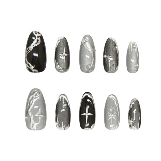 Celestial Chic Long Almond Black and Gray Press On Nail Set with Unique Swirl Design