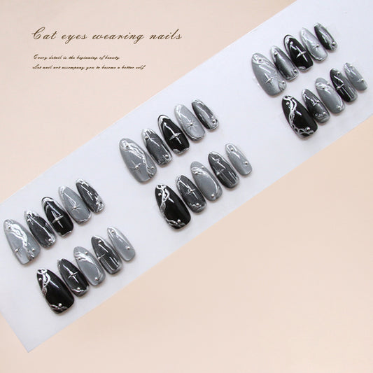 Mystical Elegance Long Almond Gray and Black Press-On Nail Set with Striking Cat Eye Effect