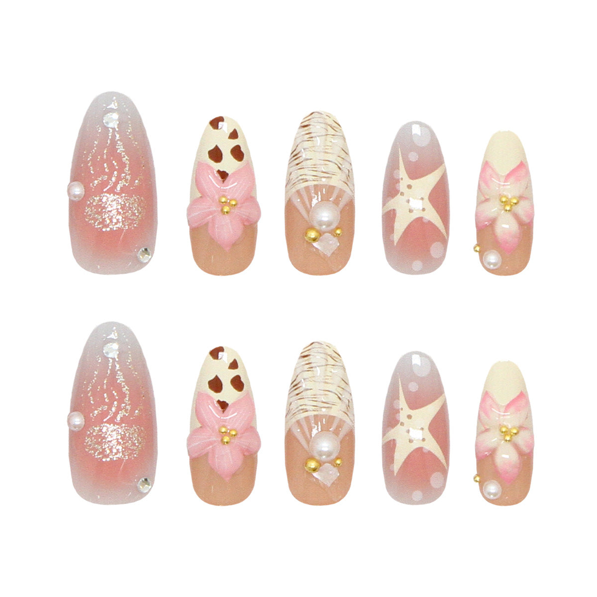 Tropical Paradise Dreamy Long Almond pink press on nail set with whimsical floral and pearl accents